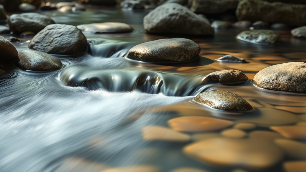 Abstract flowing water over smooth stones, tranquil stream, soft natural lighting, peaceful zen garden atmosphere, no text no words no letters