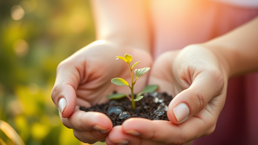 Gentle hands cupping a small growing plant with dewdrops, symbolizing growth through uncertainty, warm morning light, peaceful nature scene, no text no words no letters
