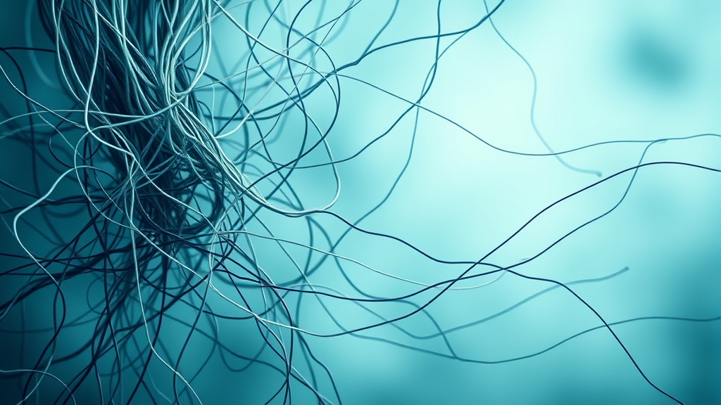 Abstract representation of tangled threads becoming organized in calming blues and greens symbolizing mental clarity no text no words no letters