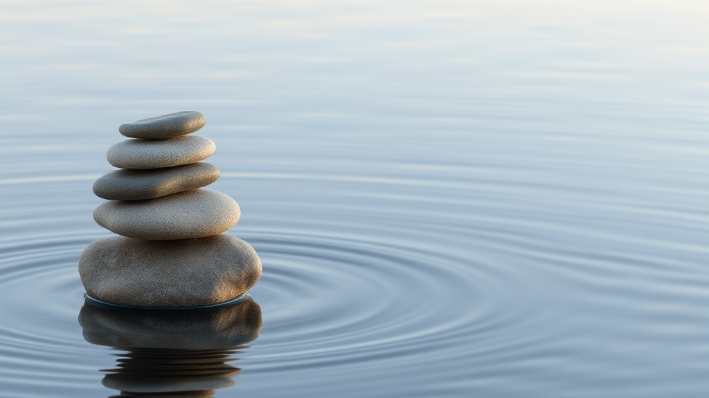 Calm meditation stones balanced on smooth water surface reflecting tranquility and inner peace no text no words no letters