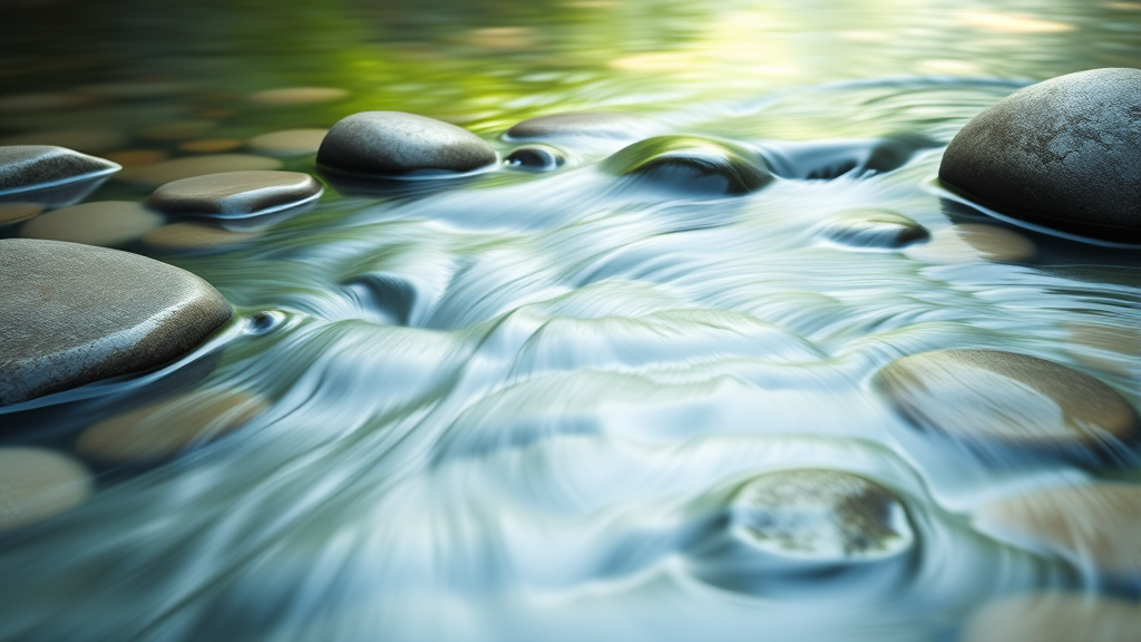 Abstract flowing water over smooth stones, soft natural lighting, tranquil meditation space, calming greens and blues, no text no words no letters