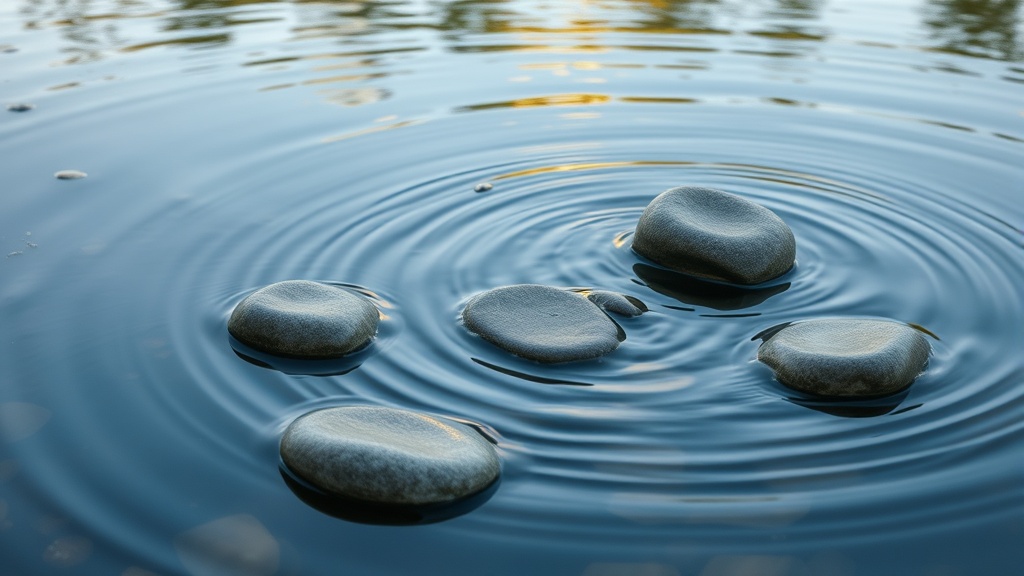 Abstract flowing water with smooth stones creating ripples in tranquil pond with soft natural lighting no text no words no letters