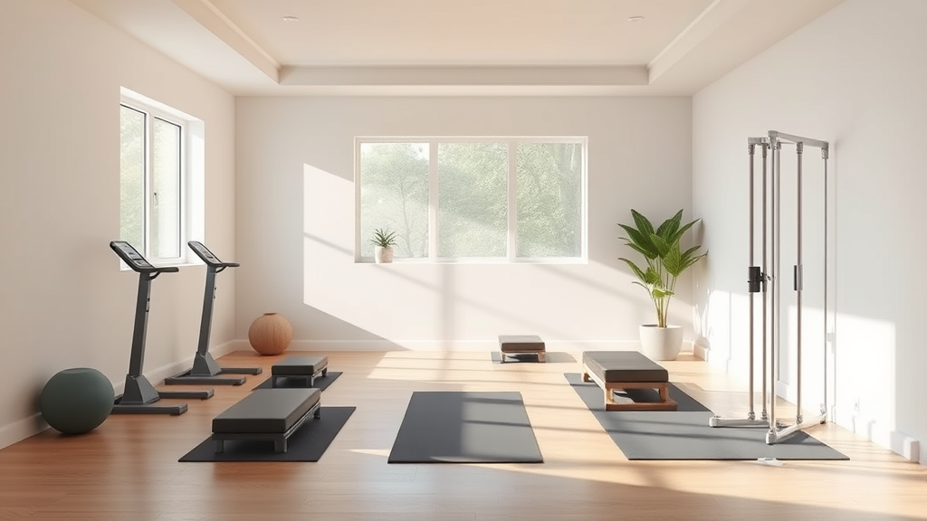 Peaceful therapy room with exercise equipment, natural light, serene atmosphere, healing space concept, no text no words no letters