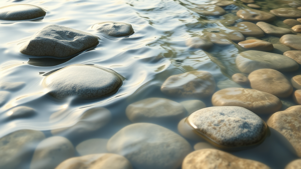 Abstract flowing water over smooth stones representing clarity and peace in nature gentle light reflections no text no words no letters