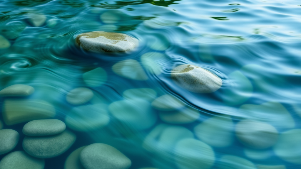 Abstract flowing water over smooth stones, gentle ripples and reflections, tranquil blue and green tones, nature's serenity, no text no words no letters