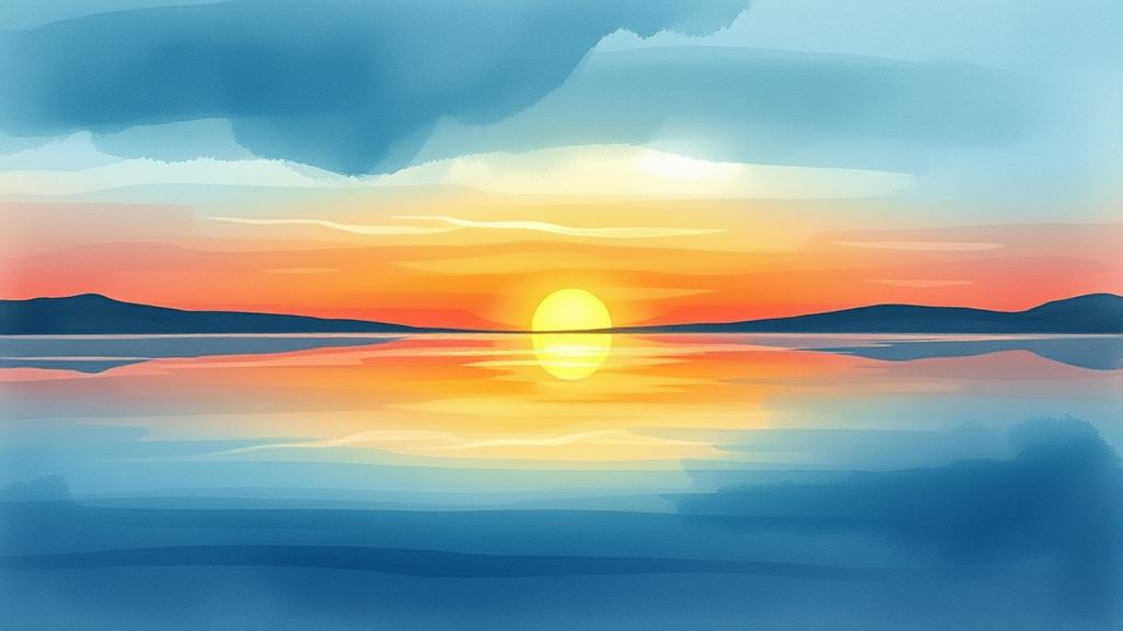 Abstract watercolor sunrise over calm lake reflection hope emerging from uncertainty peaceful morning light no text no words no letters