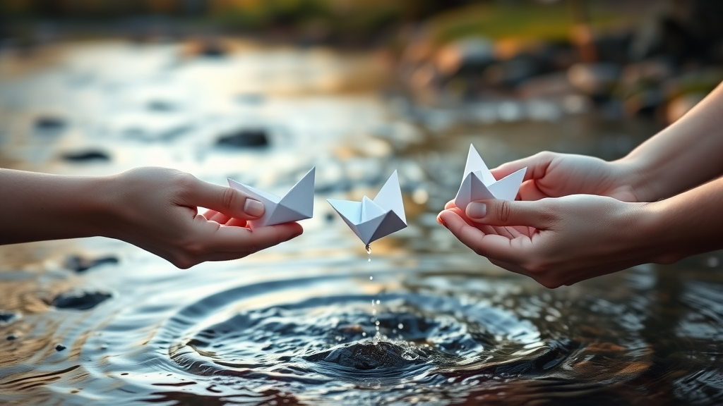 Hands releasing paper boats into gentle stream, symbolizing letting go and trust, warm natural lighting, peaceful setting, no text no words no letters