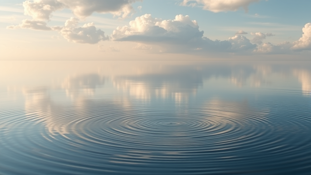 Serene lake reflecting sky with ripples spreading outward symbolizing inner calm amidst change soft natural lighting no text no words no letters