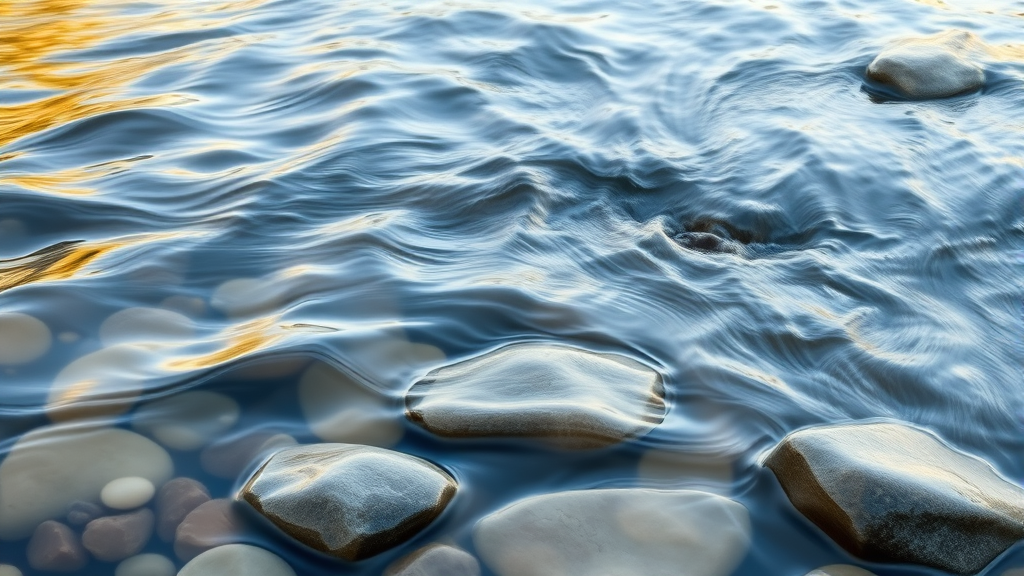 Abstract flowing water over smooth river stones, gentle ripples reflecting light, representing life's flowing nature and finding peace, no text no words no letters