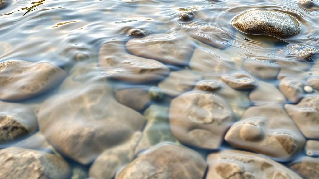 Abstract flowing water over smooth stones, gentle ripples creating peaceful patterns, clarity and tranquility concept, no text no words no letters