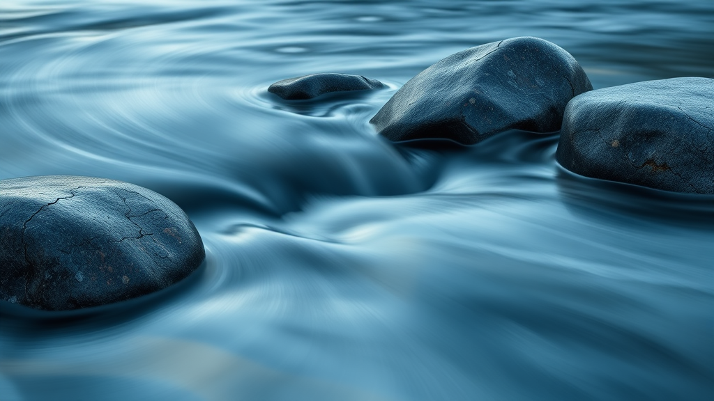 Abstract flowing water over smooth river stones with soft reflections, tranquil blue tones representing adaptation and flow, peaceful meditation, no text no words no letters