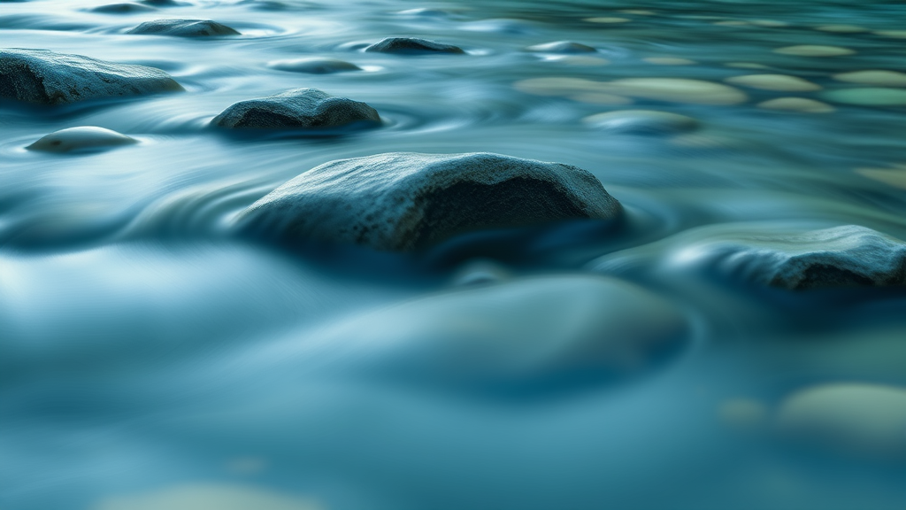 Abstract flowing water over smooth stones, gentle ripples, soft blue and green tones, peaceful nature scene, no text no words no letters