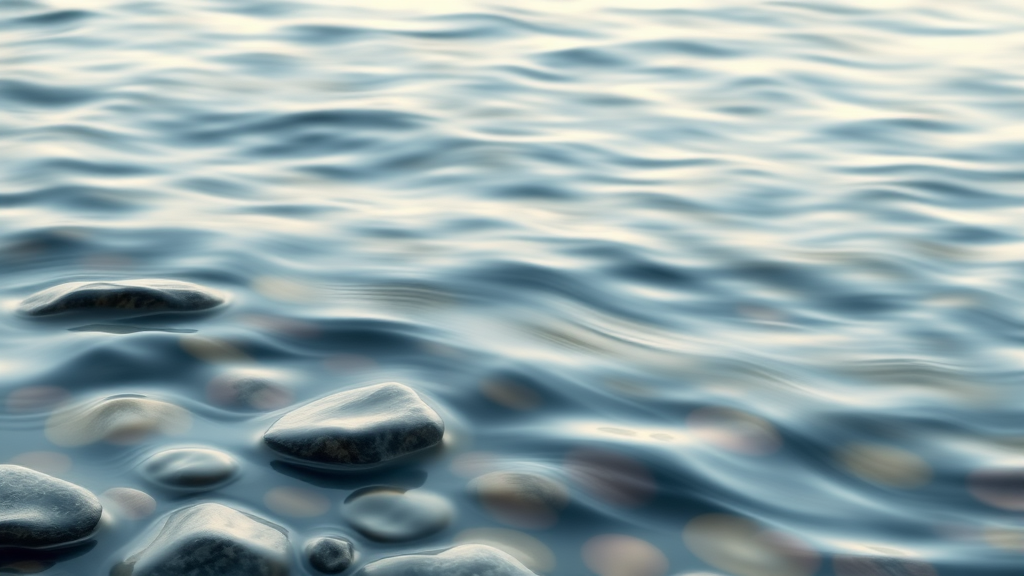 Abstract flowing water over smooth stones, gentle ripples, peaceful movement, emotional balance and serenity representation, no text no words no letters