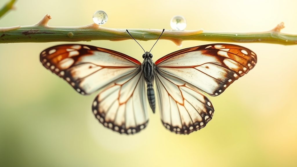Soft butterfly emerging from cocoon, delicate wings, morning dew, transformation and growth, gentle pastel colors, no text no words no letters