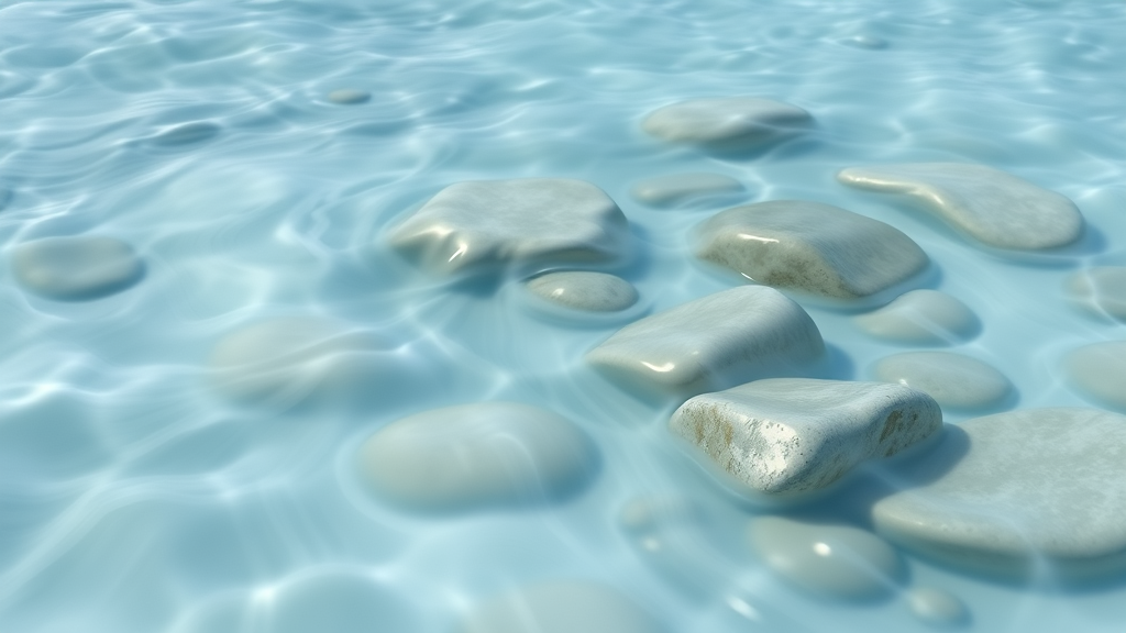 Abstract flowing water over smooth stones, representing clarity and flow, soft blue and white tones, peaceful nature scene, no text no words no letters