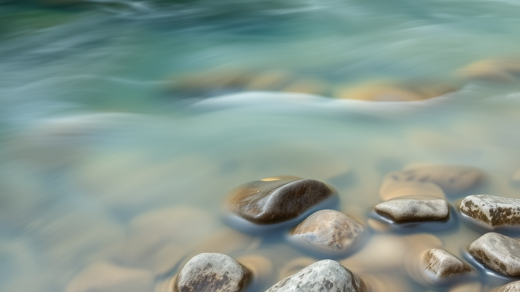 Abstract flowing water over smooth river stones, soft blues and greens, tranquil nature scene, no text no words no letters