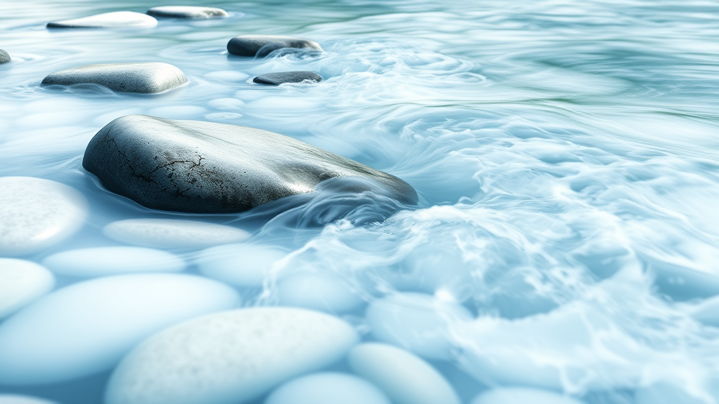 Abstract flowing water over smooth stones, mindful clarity, soft blues and whites, tranquil meditation scene, no text no words no letters
