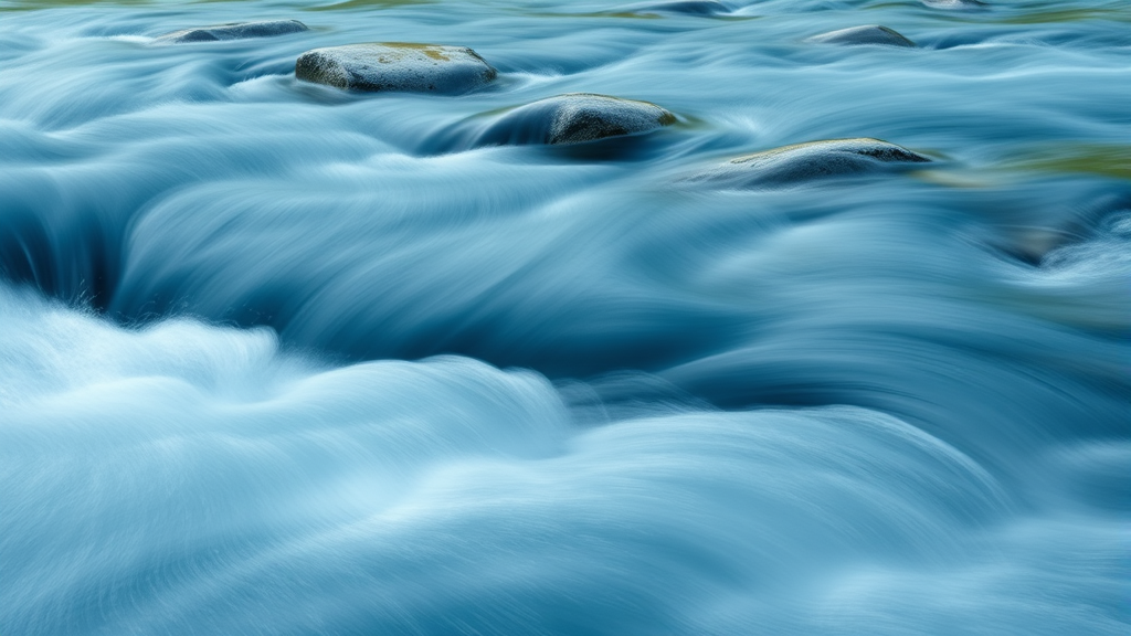 Abstract flowing water over smooth river stones, calming blue tones, mindful movement and change representation, no text no words no letters