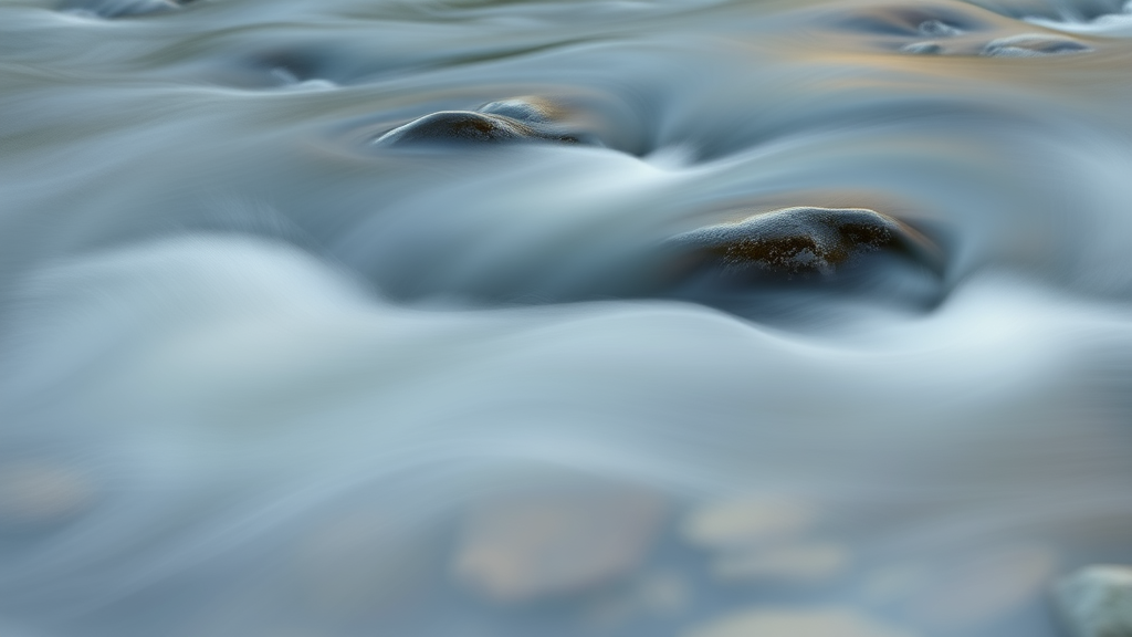 Abstract flowing water over smooth river stones, peaceful movement, soft lighting, tranquil blues and grays, no text no words no letters