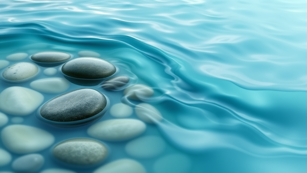 Abstract flowing water over smooth stones, tranquil blue and green tones, emotional healing representation, calming zen, no text no words no letters