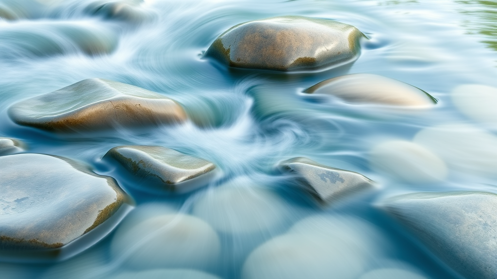 Abstract flowing water over smooth stones, representing adaptability and finding clarity, soft blues and greens, peaceful nature scene, no text no words no letters