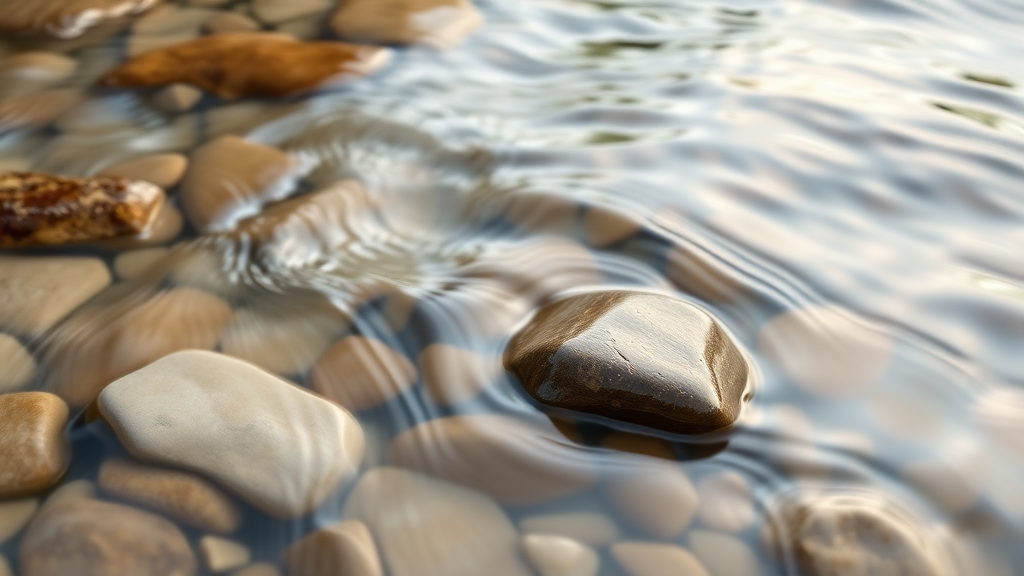 Abstract flowing water over smooth stones, peaceful ripples, soft natural lighting, calming earth tones, serenity and balance, no text no words no letters
