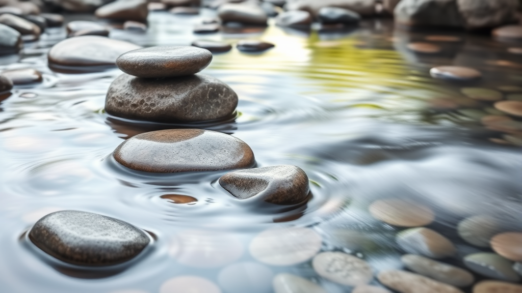 Abstract flowing water over smooth stones, meditation garden atmosphere, peaceful clarity representation, soft natural lighting, no text no words no letters
