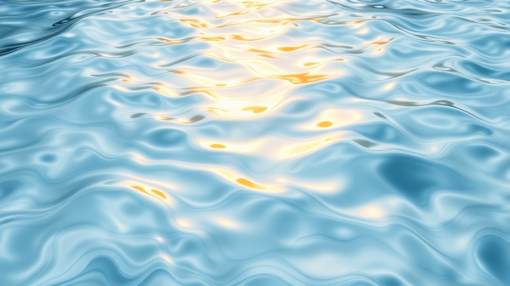 Abstract flowing water patterns with soft golden light ripples serenity clarity peaceful movement calming blues and whites no text no words no letters