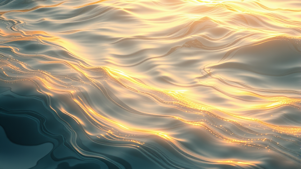 Abstract flowing water patterns with golden light, peaceful movement, emotional healing representation, soft colors, no text no words no letters