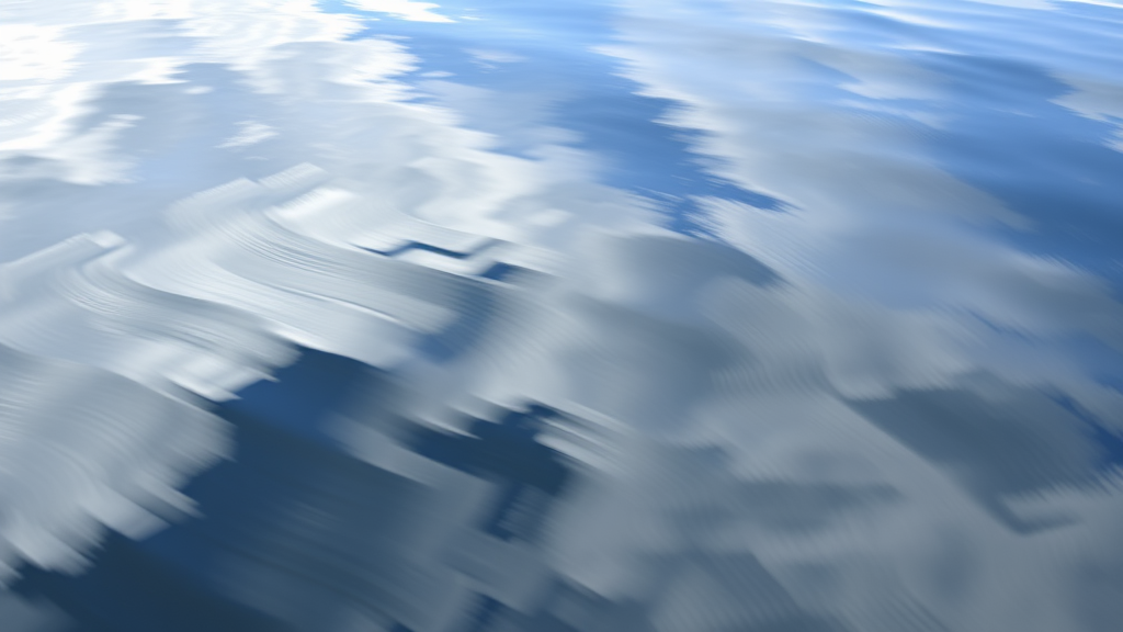 Abstract flowing water reflecting cloudy sky, ripples creating patterns of light and shadow, tranquil movement, peaceful transformation, no text no words no letters
