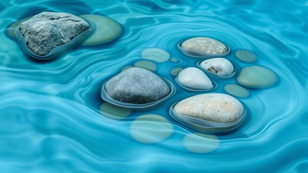 Abstract flowing water with smooth stones, tranquil blue tones, representing clarity and flow, no text no words no letters
