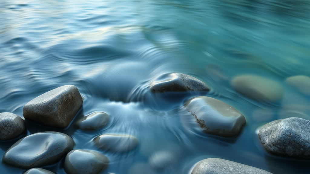 Abstract flowing water over smooth stones, tranquil blue and green hues, meditative peaceful scene, no text no words no letters
