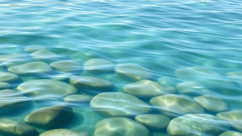Abstract flowing water over smooth stones, soft blue and green tones, representing clarity and calm movement, peaceful nature scene, no text no words no letters