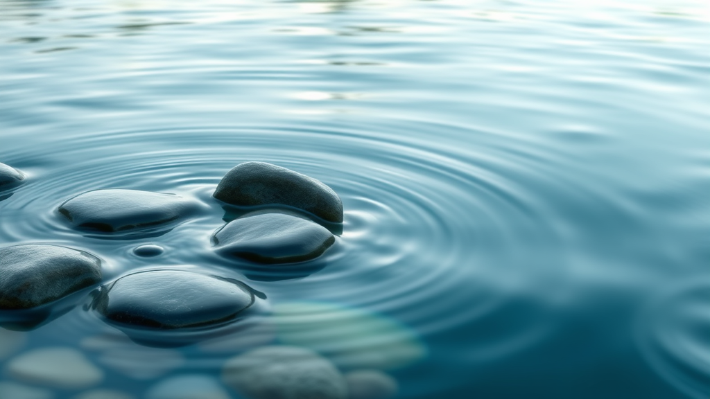 Abstract representation of hope with flowing water over smooth stones, gentle ripples, tranquil blue and green tones, peaceful meditation scene, no text no words no letters