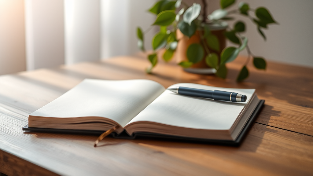 Tranquil journal and pen on wooden surface with soft morning light and peaceful plant, mindful atmosphere, no text no words no letters