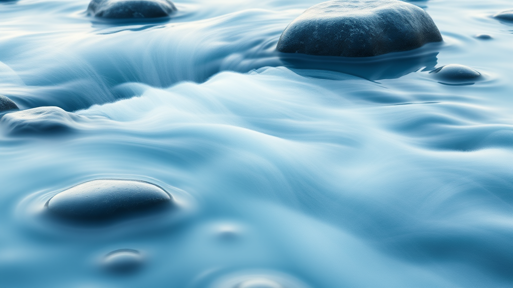 Abstract flowing water over smooth stones, calming blues and whites, transformation and flow concept, peaceful meditation, no text no words no letters