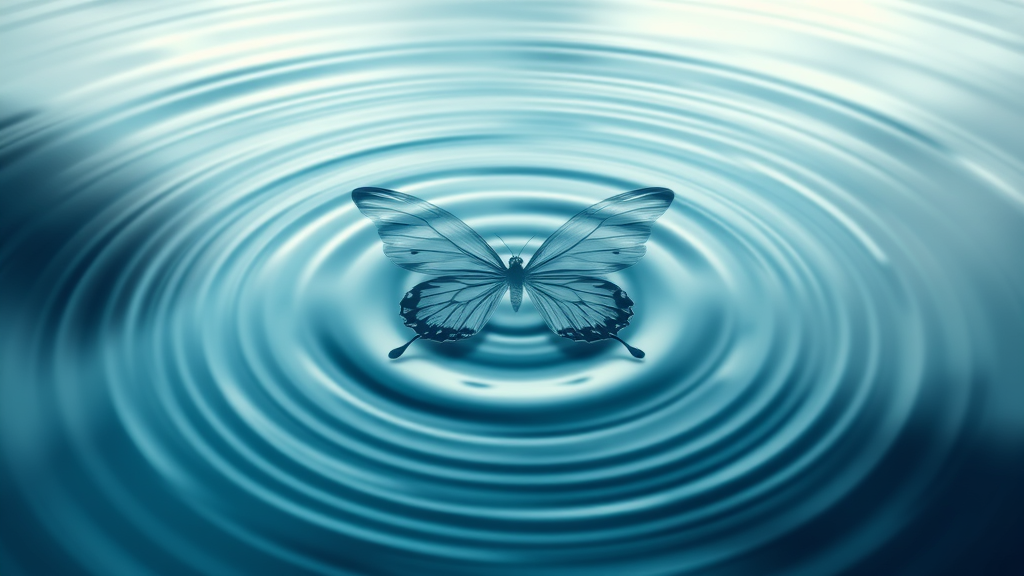 Abstract flowing water creating ripples that transform into butterfly shapes, representing change and transformation, soft blues and greens, no text no words no letters