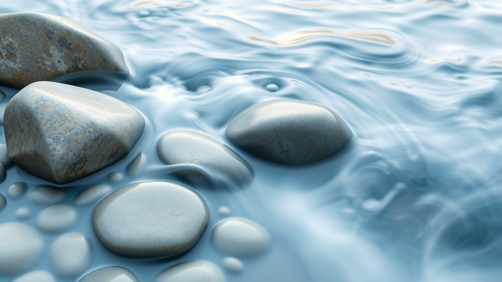 Abstract flowing water over smooth stones, representing adaptability and resilience, soft blue tones, calming natural elements, no text no words no letters