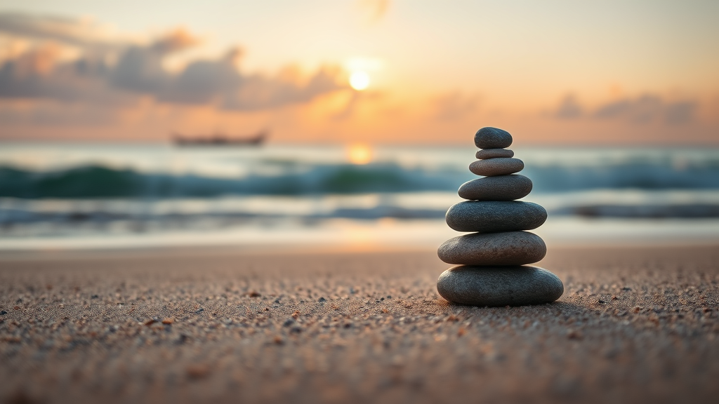 Meditation stones balanced on tranquil beach, warm lighting, inner peace and clarity, zen composition, no text no words no letters