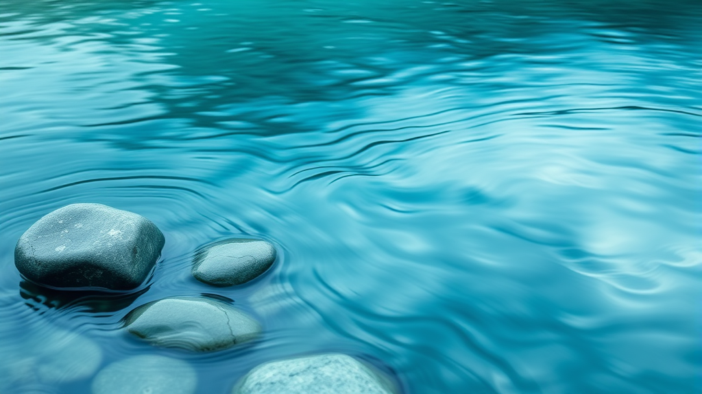 Abstract flowing water over smooth stones, tranquil meditation space, soft blue and green hues, no text no words no letters