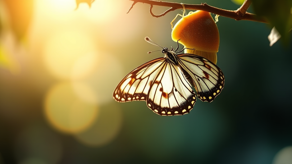 Butterfly emerging from chrysalis in soft natural light, transformation and growth concept, delicate colors and peaceful setting, no text no words no letters