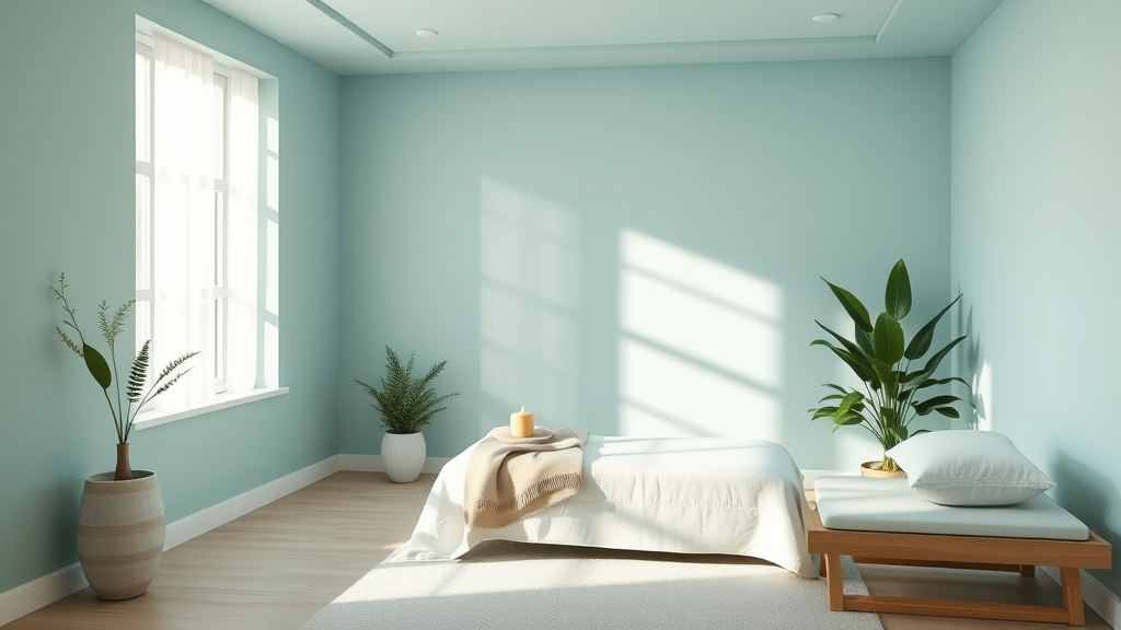 Peaceful therapy room with soft natural lighting, calming blue and green tones, gentle wellness atmosphere, no text no words no letters