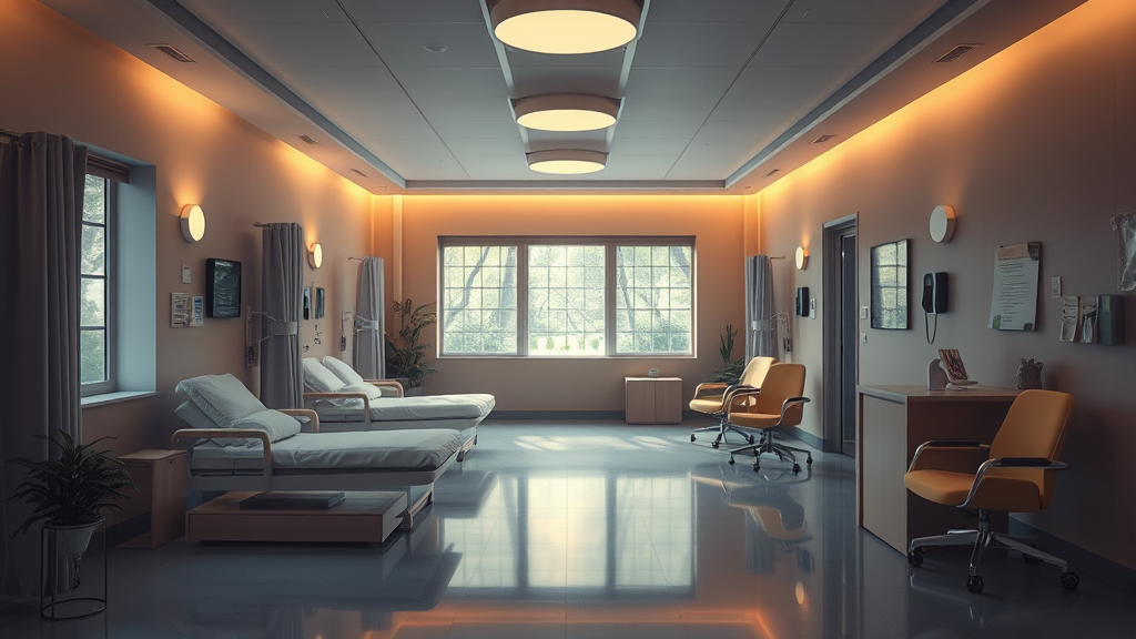 Serene rehabilitation setting with warm lighting, healing environment, soft colors, therapeutic atmosphere, no text no words no letters