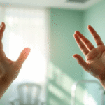 Peaceful rehabilitation setting with soft natural lighting, healing hands reaching toward light, calming blue and green tones, no text no words no letters