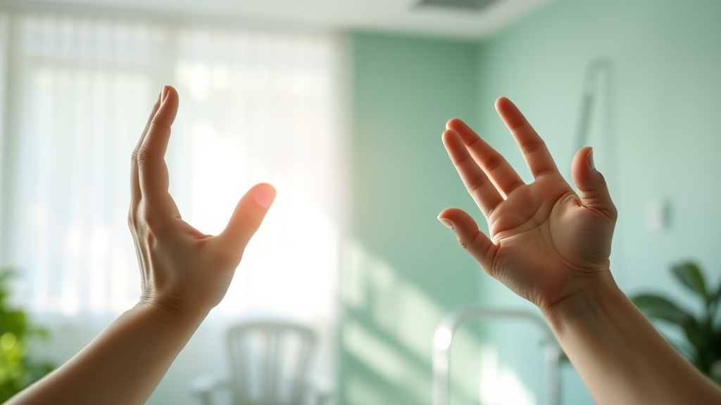 Peaceful rehabilitation setting with soft natural lighting, healing hands reaching toward light, calming blue and green tones, no text no words no letters