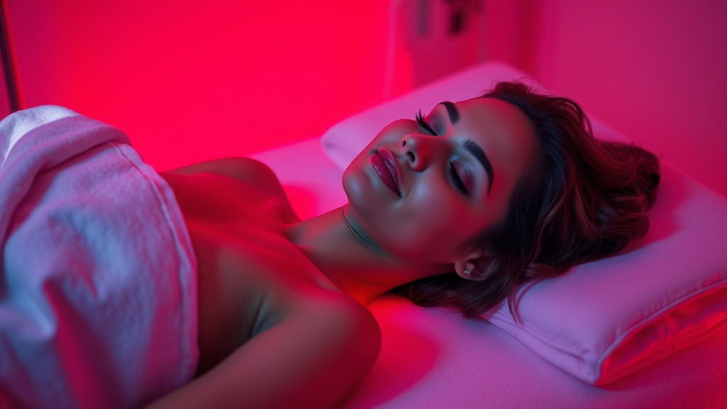 Serene person relaxing in soft red light therapy bed, peaceful expression, calm wellness environment, no text no words no letters