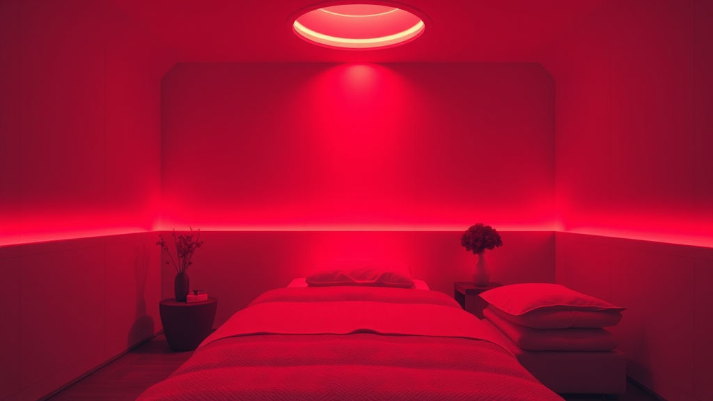 Gentle red light illuminating tranquil recovery room, soft healing ambiance, wellness and rejuvenation concept, no text no words no letters