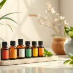 Serene spa setting with essential oil bottles and fresh plants in soft natural lighting no text no words no letters