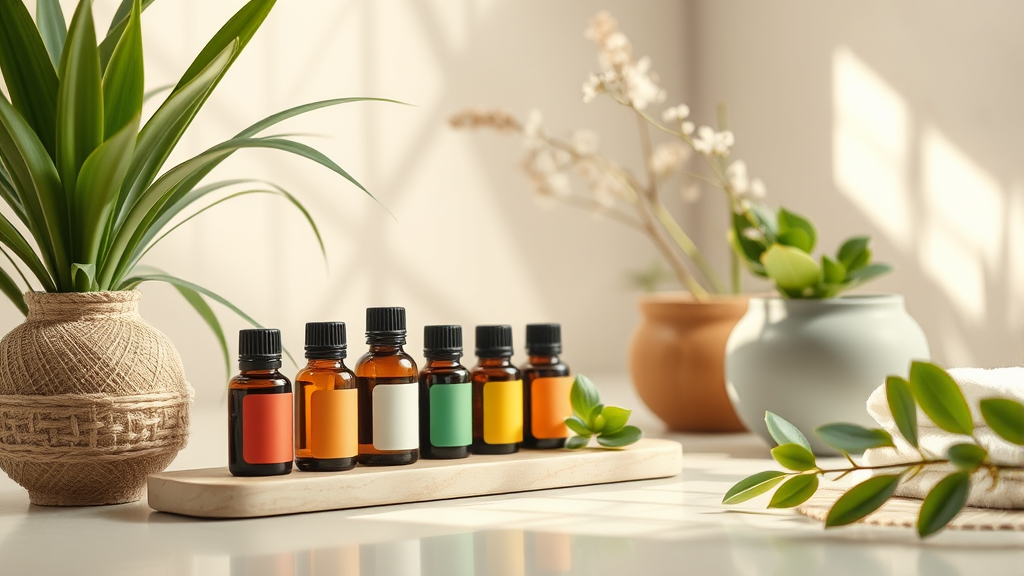 Serene spa setting with essential oil bottles and fresh plants in soft natural lighting no text no words no letters