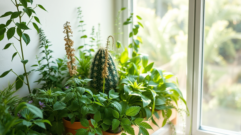 Peaceful indoor garden with therapeutic herbs and calming green foliage in gentle sunlight no text no words no letters